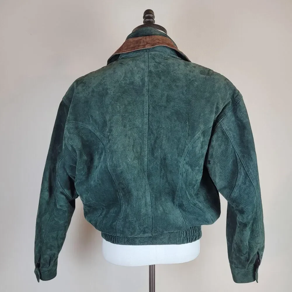 Vintage Green Suede Jacket Men Small Bomber Leather Trim Zip 90s Double Breasted